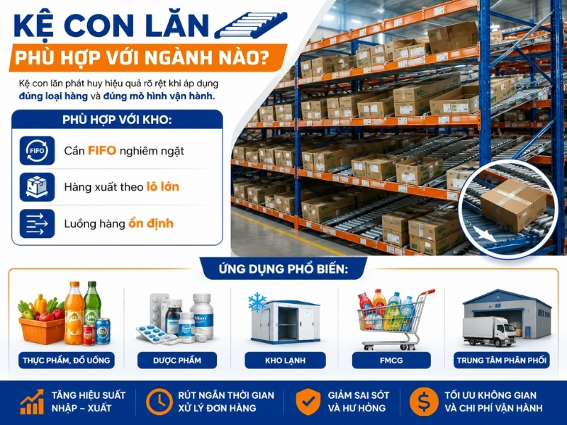 Kệ con lăn phù hợp với ngành nào?