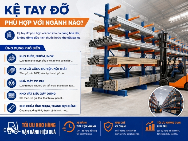 Kệ tay đỡ phù hợp với các ngành công nghiệp sắt thép, ván gỗ