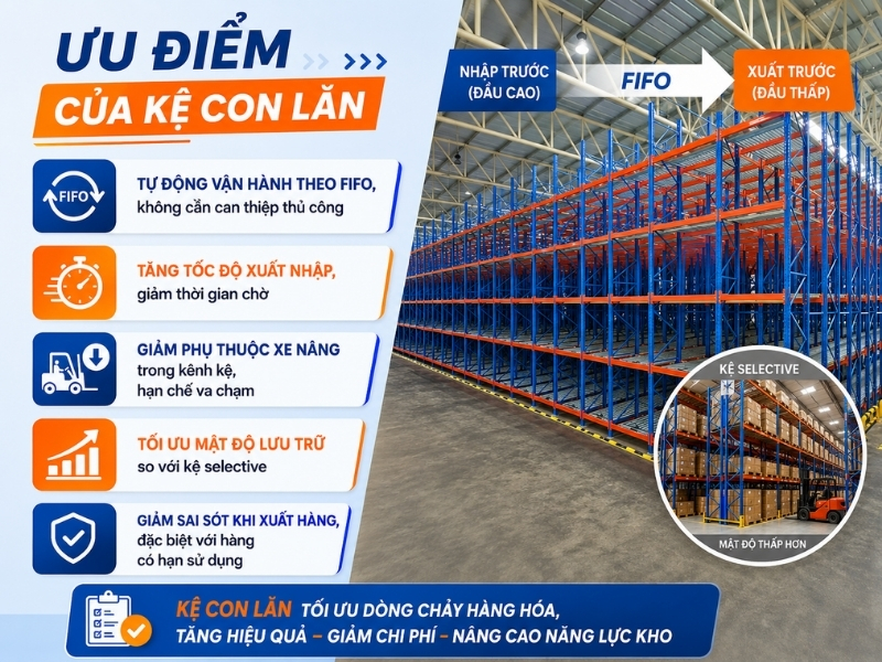 Ưu điểm của kệ con lăn
