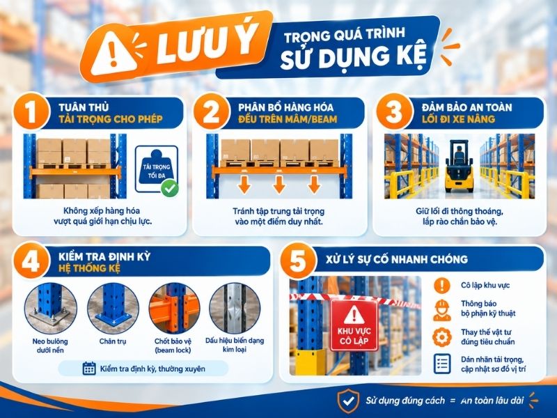 Lưu ý trong quá trình sử dụng kệ chứa hàng